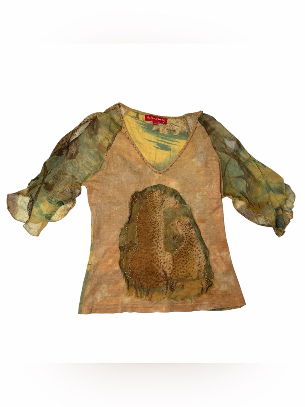 René Derhy Y2K Safari Cheetah Print Beaded Chiffon Sleeve Top Size M - Picture 1 of 8